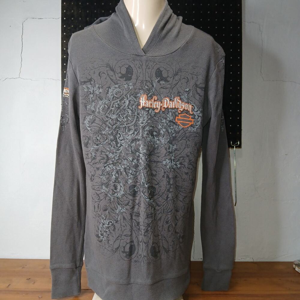 Harley Davidson Woman's Longsleve Hooded Thermal Sz L LIGHT GREY USED